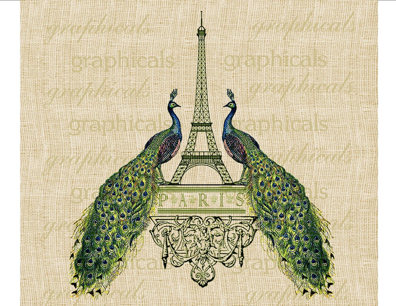 Paris Eiffel Tower Peacocks Digital download image for iron on fabric transfer burlap decoupage paper pillows tote bags No. 554