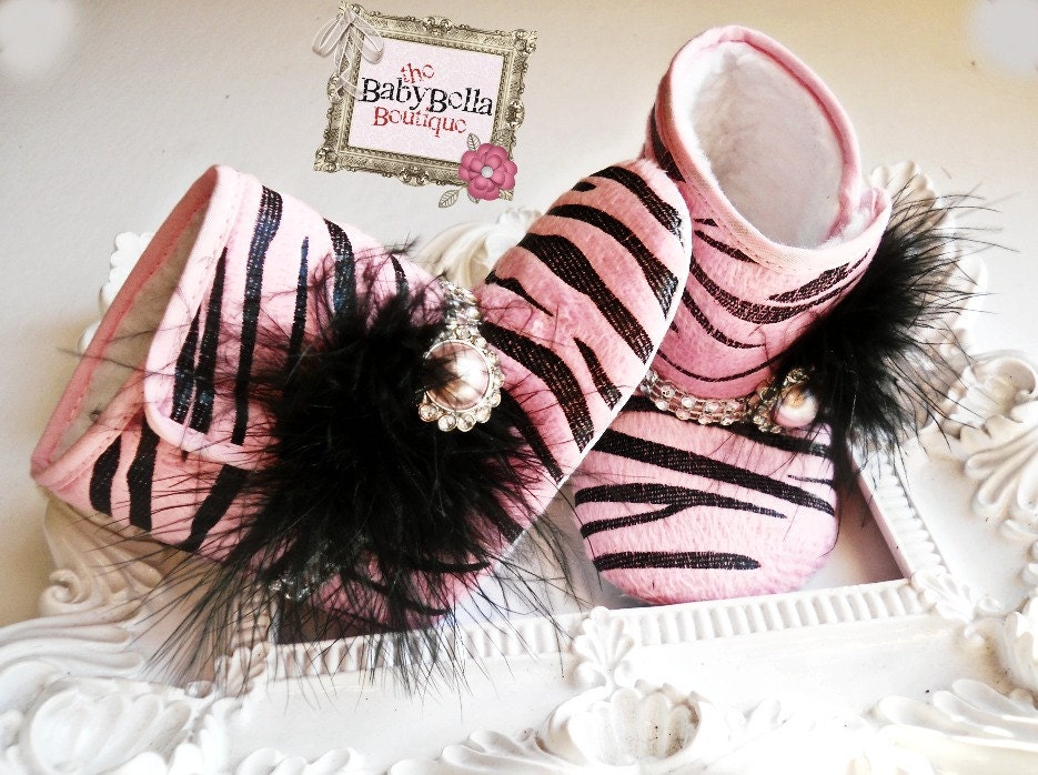 Glam Diva Zebra baby crib boot . Baby Girl soft sole booties,Girl boots with black  feathers.