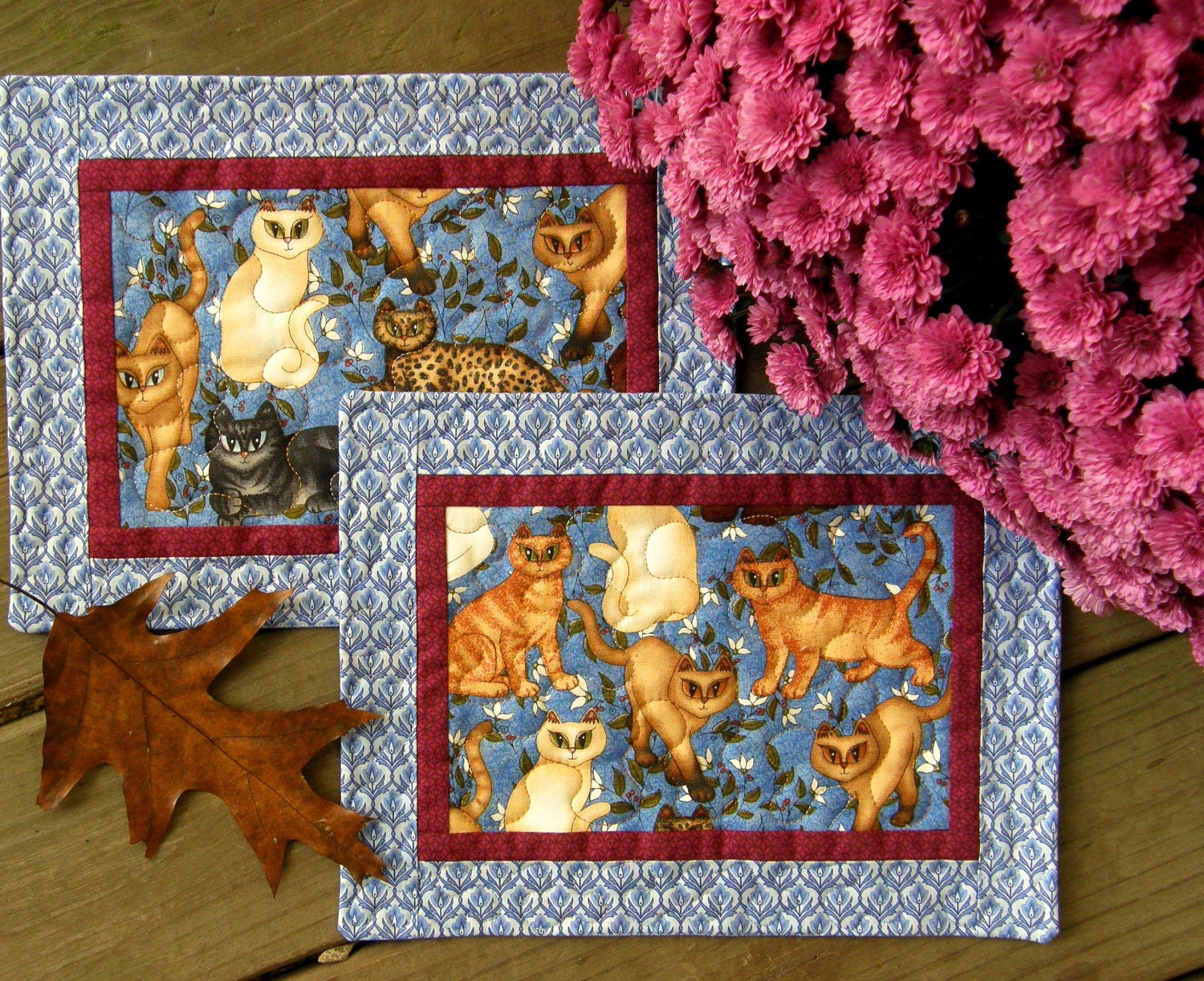 Mug Rug - Feline Friends, Quilted - Set of 2