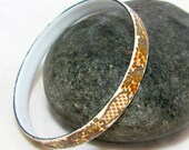 Vintage Enamel Bangle, Austrian Vienna Michaela Frey Paisley Floral Ginger, Plum & Grey on White Designer Signed Bracelet 1960s