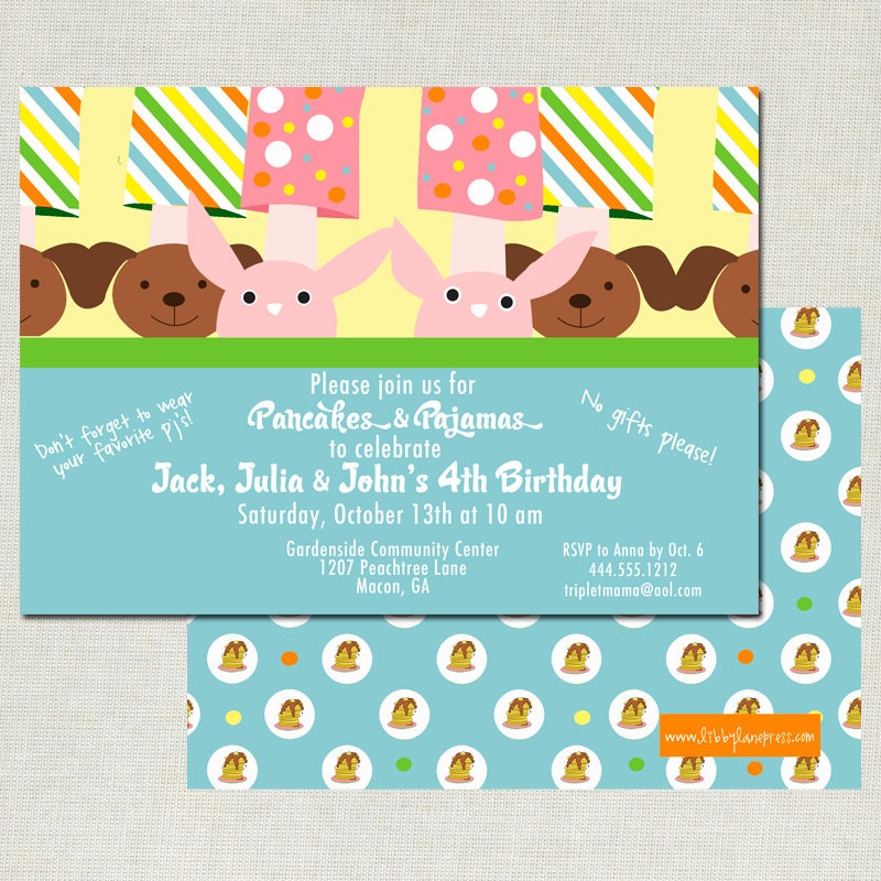 PANCAKES & PAJAMAS, TRIPLETS Birthday Invitation, Printable by Libby Lane Press Il_570xn