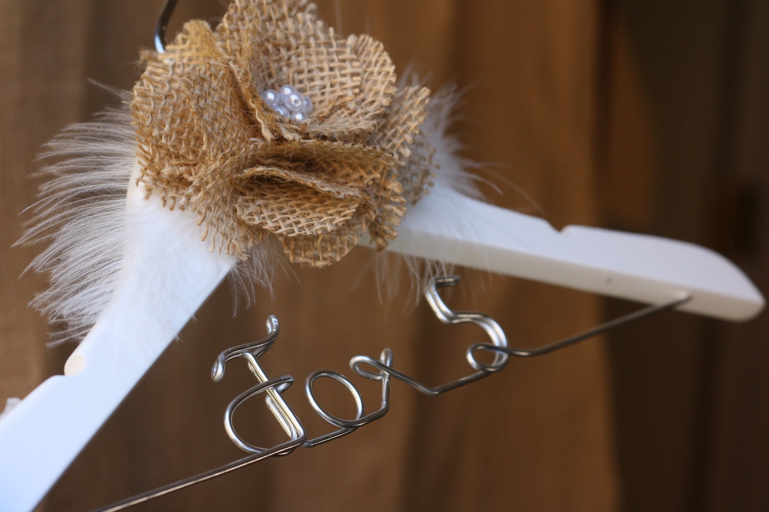 Personalized Baby's Decorative White Hanger w/ Tan Burlap Flower - Baby Shower Gift