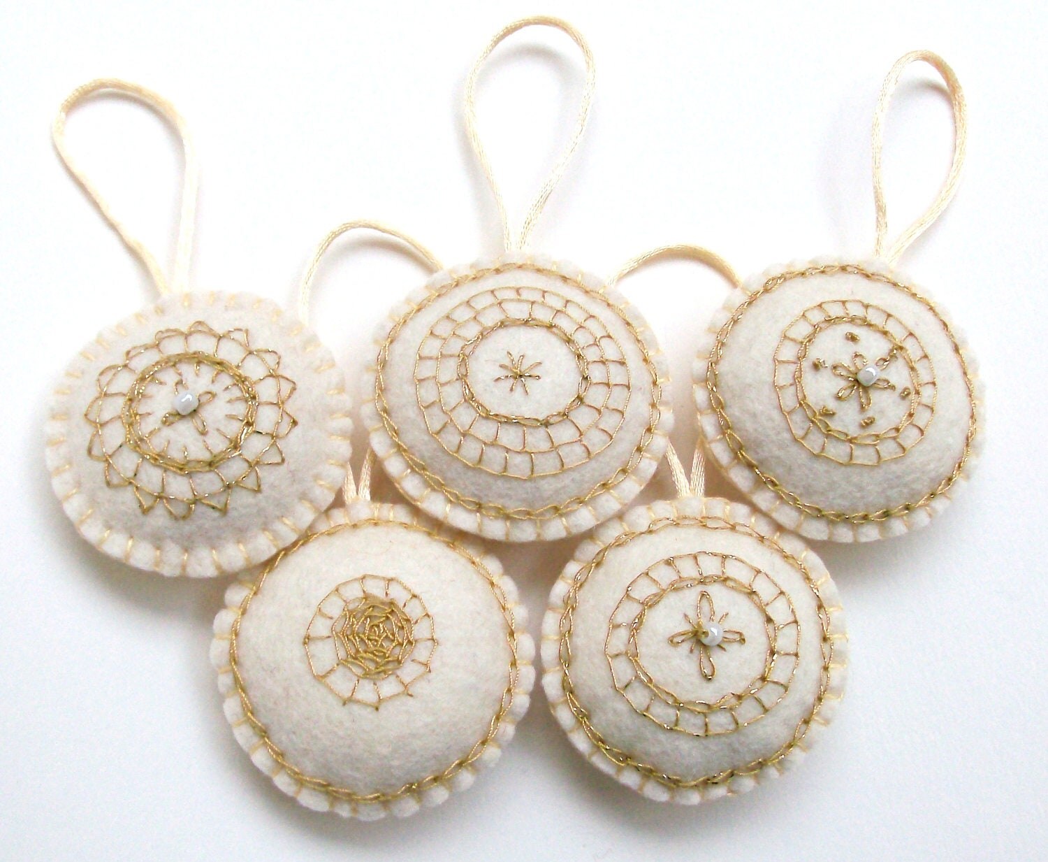 Items similar to Embroidered Gold-White Felt Ornaments Christmas