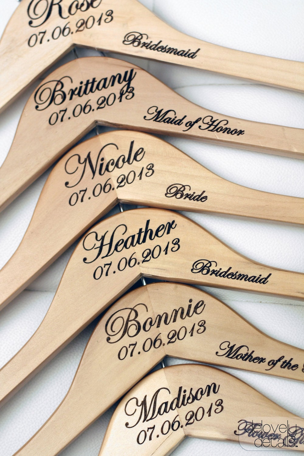 4 - Personalized Wedding Dress Hangers with Wedding Party Title Arm Inscription - Engraved Wood
