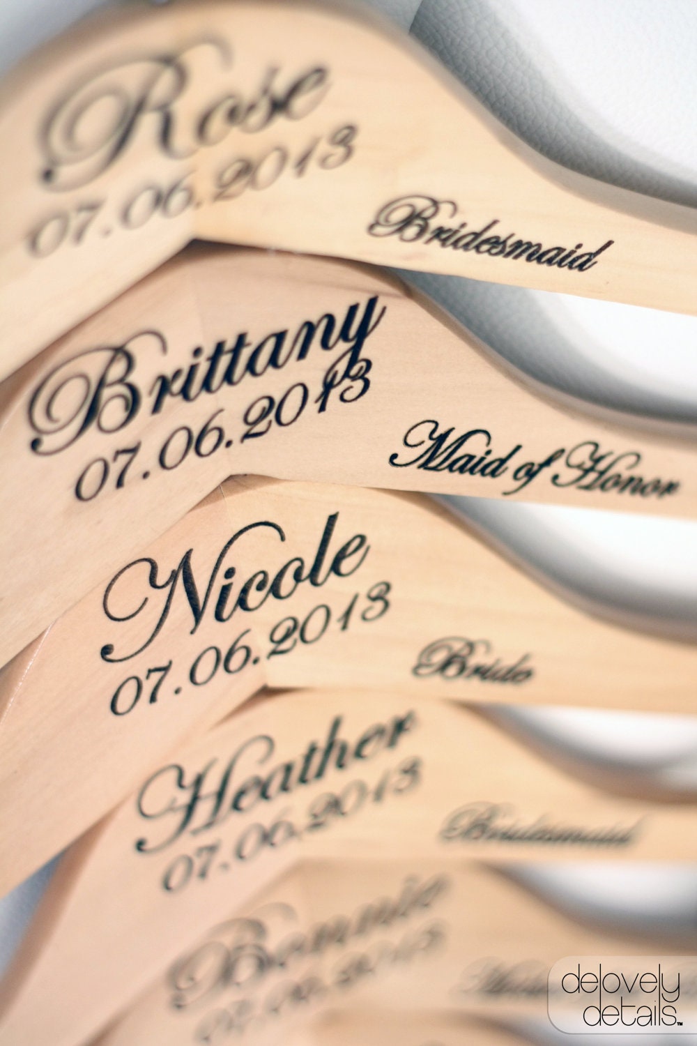 Personalized Wedding Dress Hanger with Wedding Party Title Arm Inscription - Engraved Wood