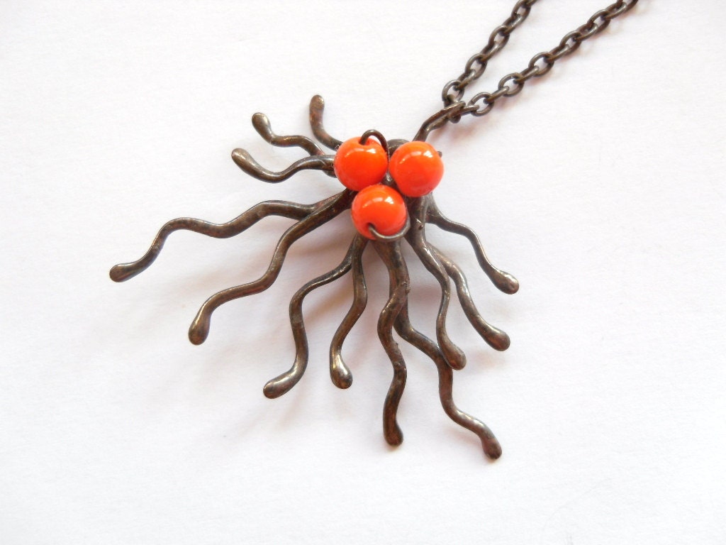 Copper wire pendant orange beaded jewelry statement Fantasy