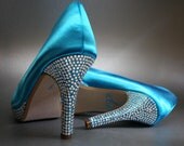 Blue Wedding Shoes -- Turquoise Peeptoes with Silver Swarovski Crystal Heel and Silver Rhinestone Adornment