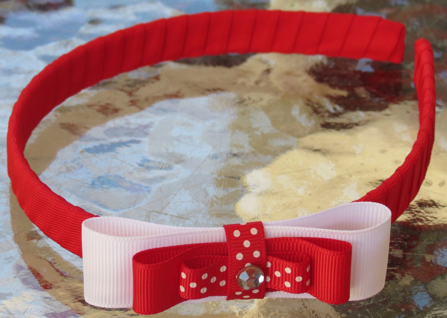 Loopy Bow Headband with Rhinestone - Red and White