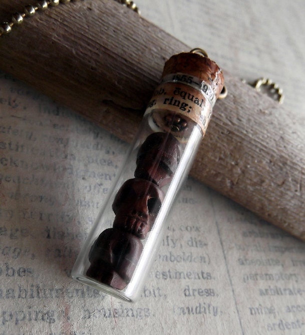 Carved Skulls, Specimen Vial Charm, with Hand Carved Skulls
