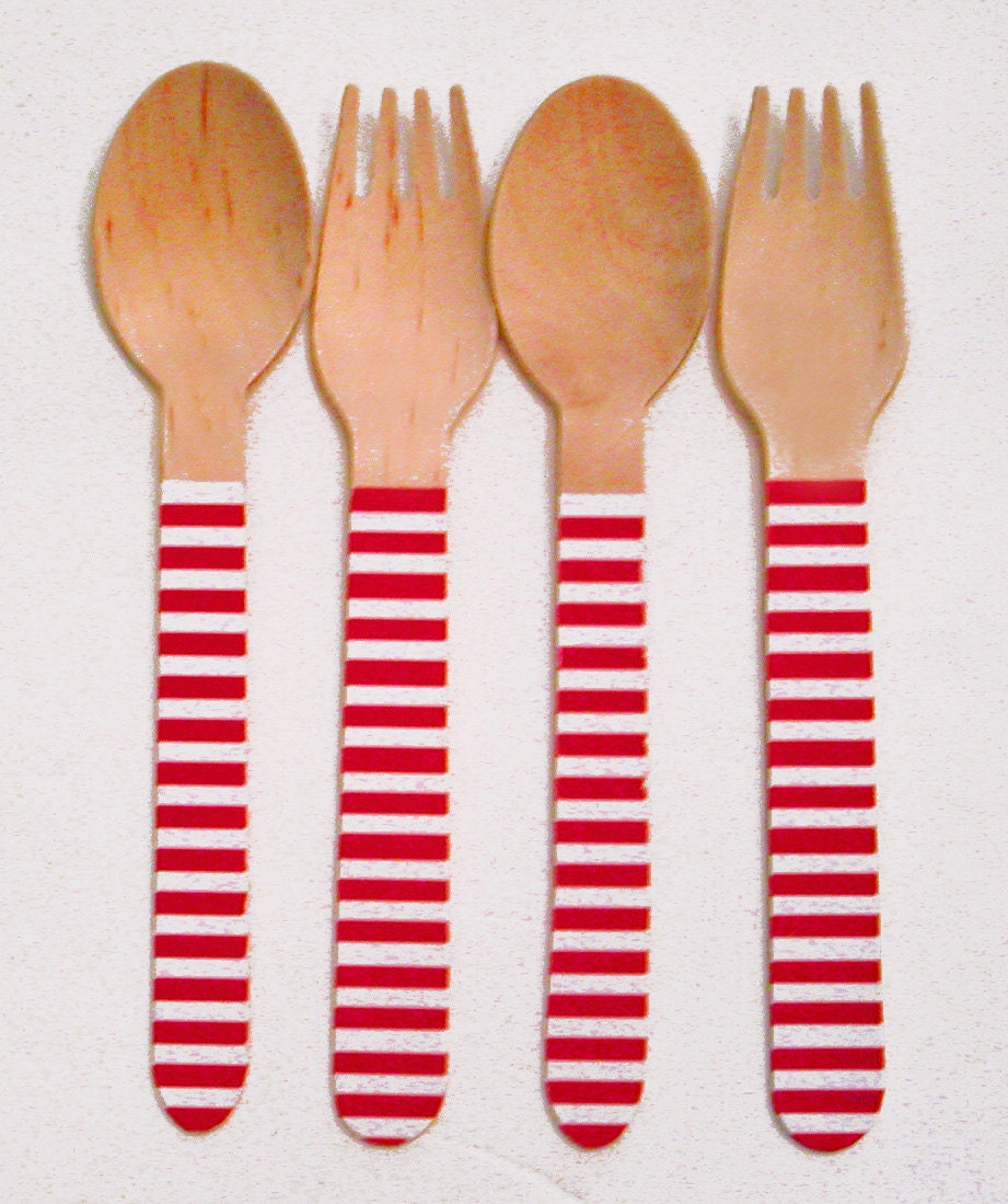 Red and White Stripe Wooden Forks or Spoons - Set of 20 Il_570xn