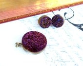 Druzy Drusy Stud Post Earrings and Pendant Set in Gold and Burgundy Titanium
