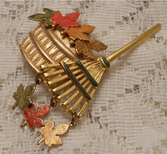 Vintage Basket of Autumn Maple Leaves with Rake Brooch Pin by KC
