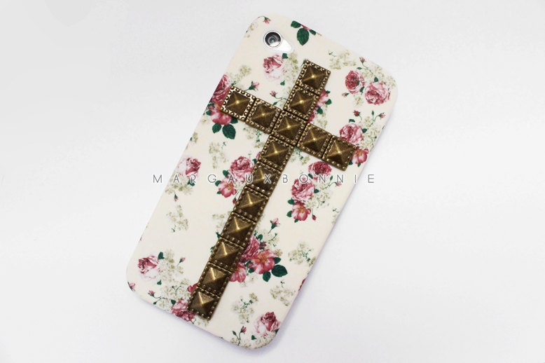 PRE-ORDER Only -- White Pink Vintage Flower Rose Cross Brass Dotted Studded Silicone Matte iPhone 4 4S Phone Case AT&T Verizon Sprint