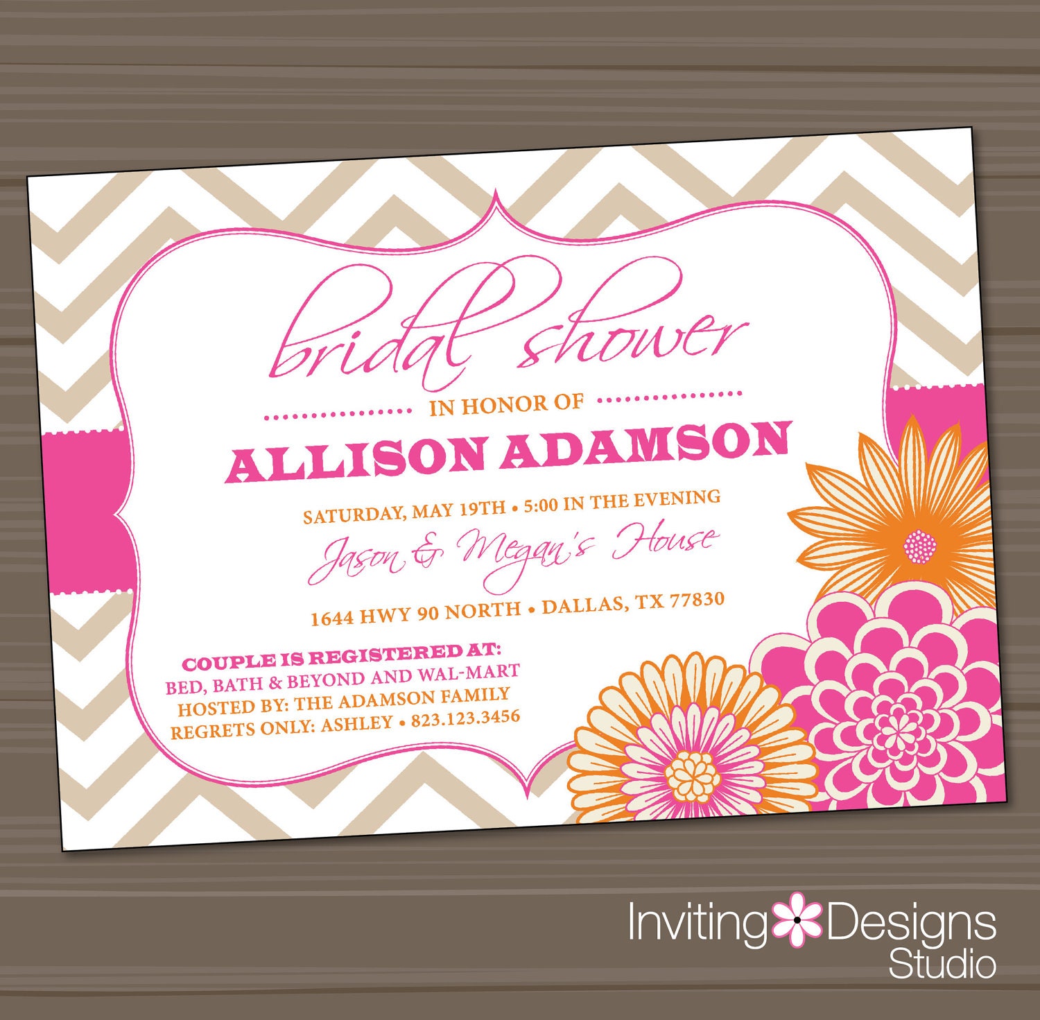 Printable Wedding Shower Invitation, Bridal Shower Invitation, Pink, Orange