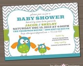 Owl Baby Shower Invitation, Owls, Blue, Green, Boy (PRINTABLE FILE)