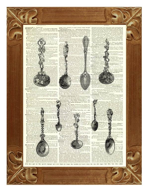 Kitchen art wall decor Victorian Spoons Print Poster vintage illustration  Dictionary book page print, decorative arts