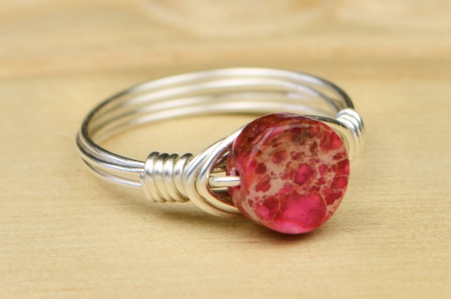 Sterling Silver Filled Wire Wrap Ring with Rose Round Imperial Jasper Gemstone - Size 4, 5, 6, 7, 8, 9, 10, 11, 12, 13, 14