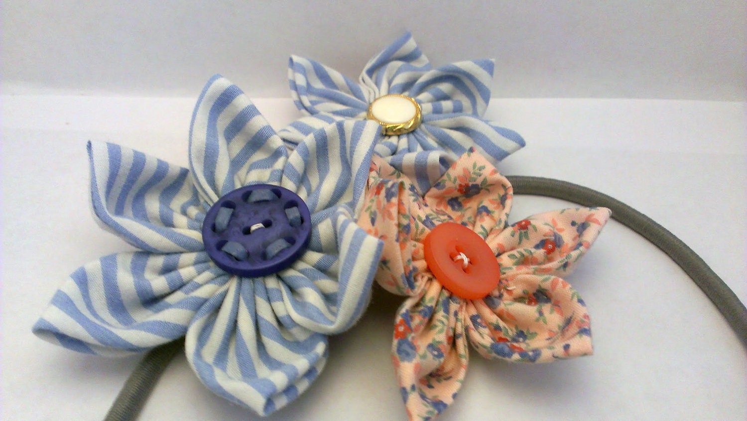 Fabric Flower Headband, Lily Trio, Blue Striped and Pink Floral, Elastic