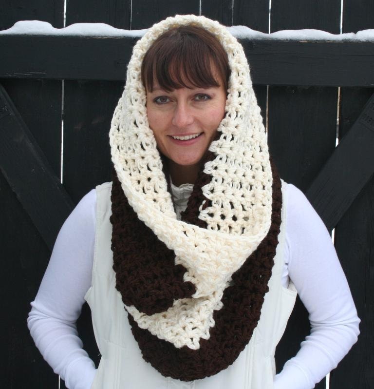 Crochet Cream and Mocha Brown Cowl Neck Warmer Infinity Scarf By JennisCrochet