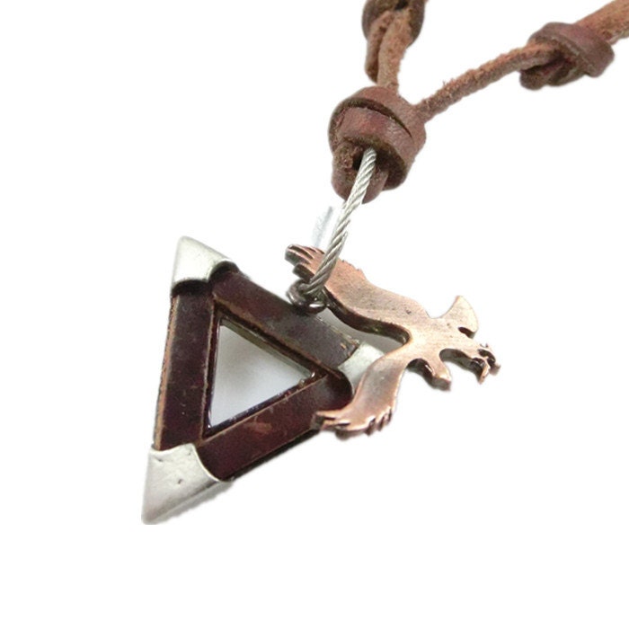 Brown real Leather and alloy pendant adjustable necklace mens necklace unisex necklace cool necklace B136