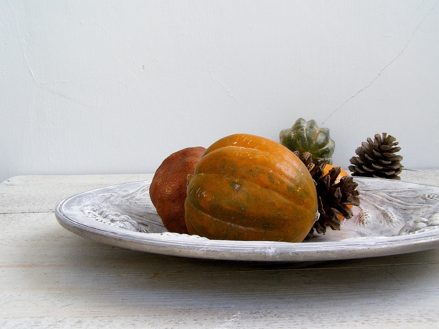 Shabby chic Ornate Fruit bowl, White Wash metal tray, Vintage up cycled display tray, winter, cottage chic, French country decor, Farmhouse