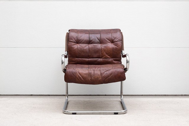 RESERVED Vintage Mid Century Distressed Patchwork Leather and Chrome Cantilever Chair