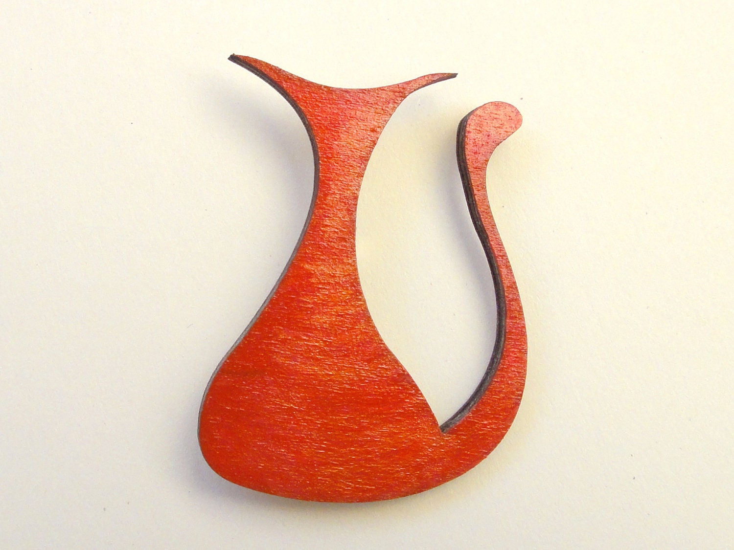 Modern Wood Brooch, Abstract Cat, Cat Brooch, Cat Pin, Red and Gold Brooch