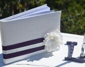 Eggplant and Silver Wedding Guest book with Monogram Bling Pen