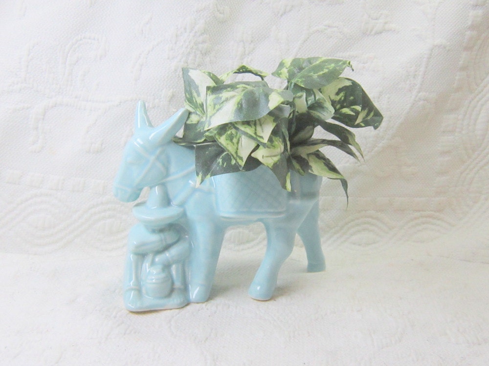 Mid Century Planter Vase Blue Southwestern Donkey Farmer Decor Gift Guide Garden Gift  Under 30