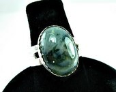 Sterling Silver & Jasper Ring, wide band, hand cut stone, Sz 7, Teal, Green, Black