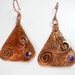 Hammered Copper Artisan Earrings, Purple crystal, Triangle with swirls