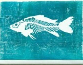 teal fish note card, original art blank greeting card, lino print blank note card, 5 x 7 inch - MyWifeYourWife