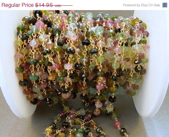 Tourmaline Wire Wrapped Chain - Rosary Style beaded Chain by foot - Tourmaline with Gold Wire Wrap