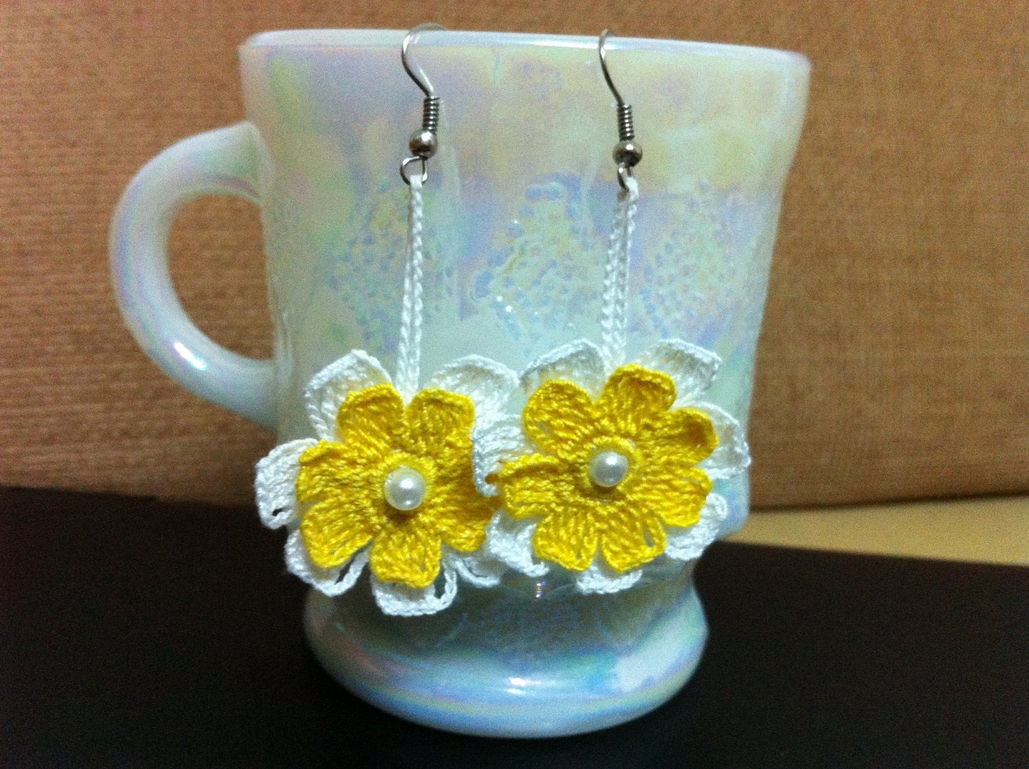 Crochet Flower Earrings in Yellow and White, Usa Seller