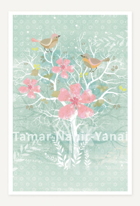 Birds Series Greeting Card - Green flowers