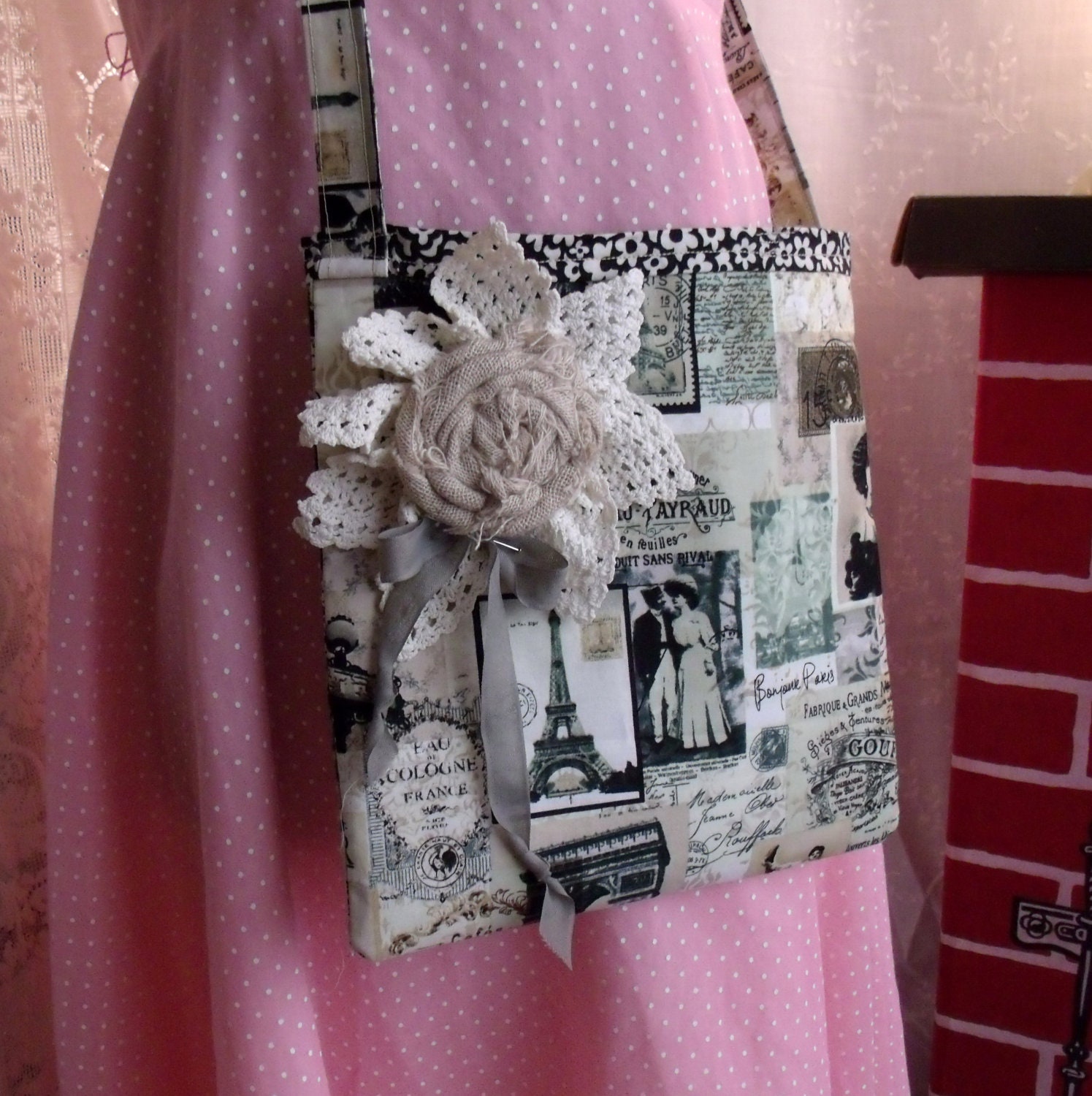 Paris Theme Purse Cross Body Tattered Roses Flea Market Messenger Bag Black White Pink Handmade Long Strap Treasury Item
