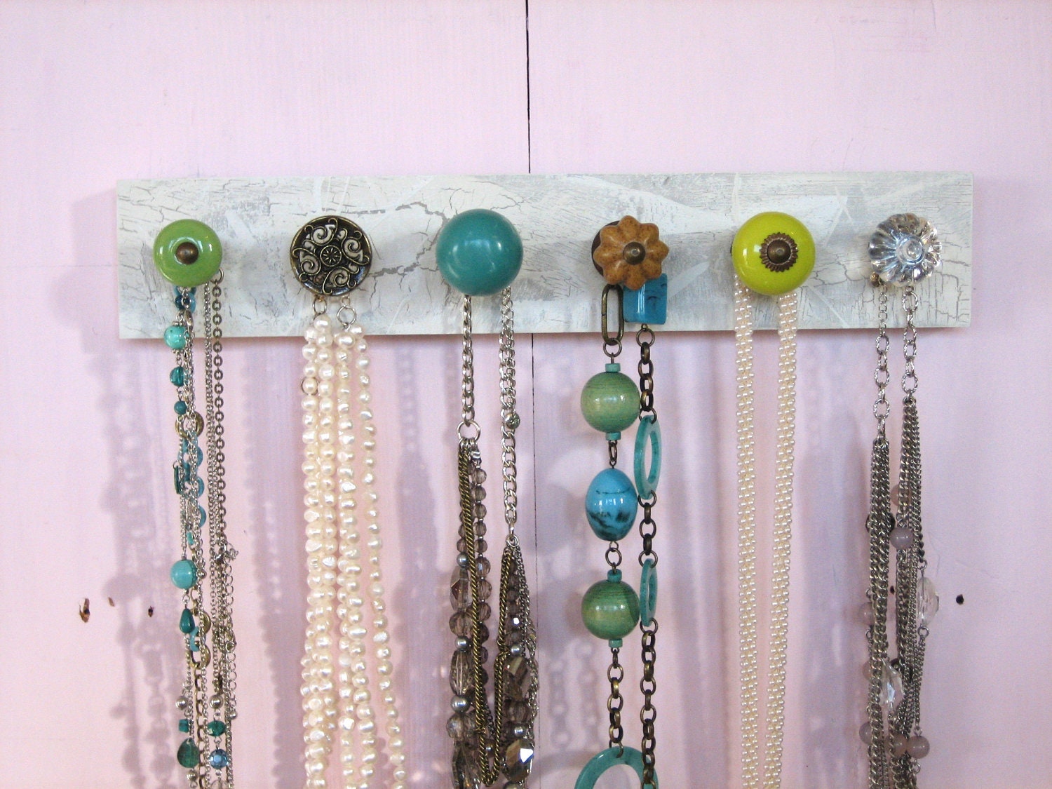 Necklace Holder with Blue and Green Knobs