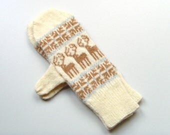 Mittens Deer Mittens SALE in Lambswool Wool Deer Motif Mittens Knitted Mittens Brown Cream Mittens Stag Gloves Animal Gloves Fairisle