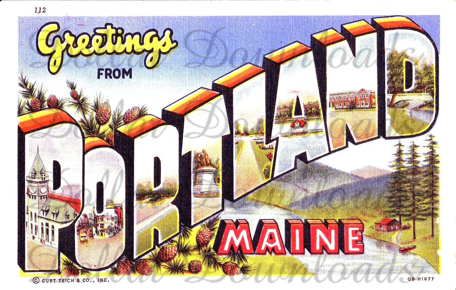 Greetings From Portland Maine Large Letter Antique Postcard Digital Image Download No. 15225 Buy 3 Images and get 2 Free