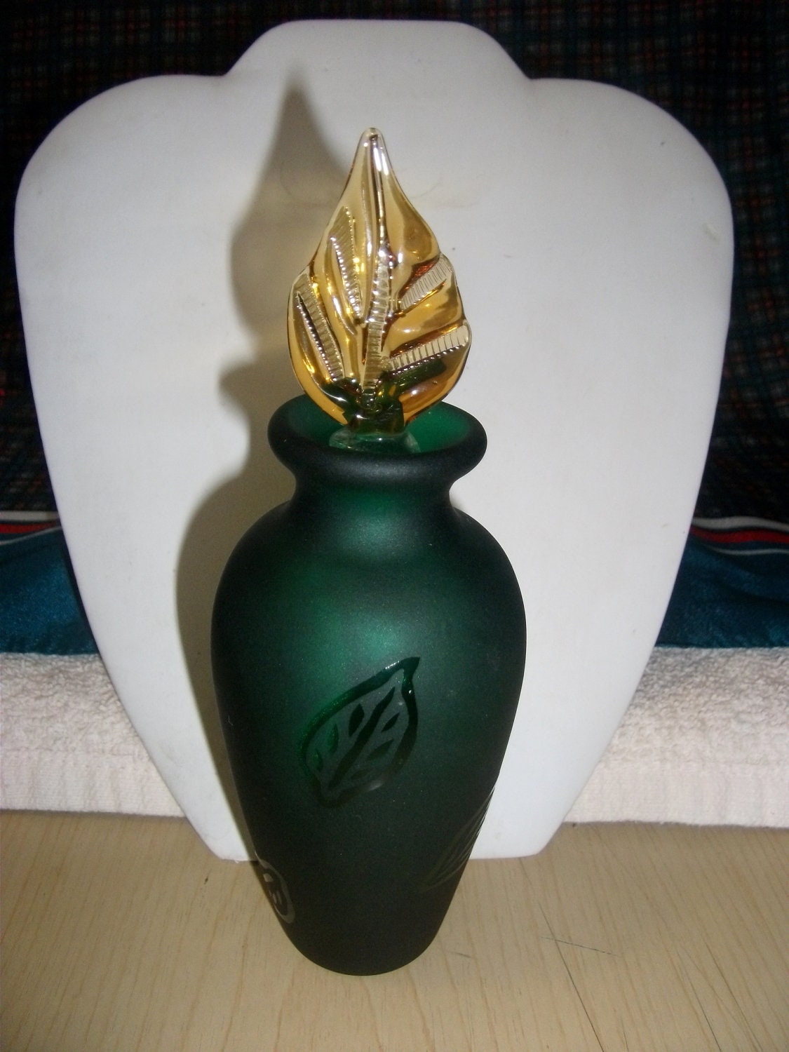 Vintage Frosted Crystal Perfume Bottle with Etched Leaf Designs and Amber Stopper Only 15 USD