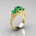 Classic 14K Yellow Gold Three Stone Diamond Emerald Solitaire Ring R200-14KYGDEM