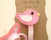 Pink & White Bird - Felt Pacifier Clip - Handmade Baby Accessories by Wee and Me