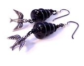Goth black dangle glass bead earrings with bird charms niobium sensitive earwires