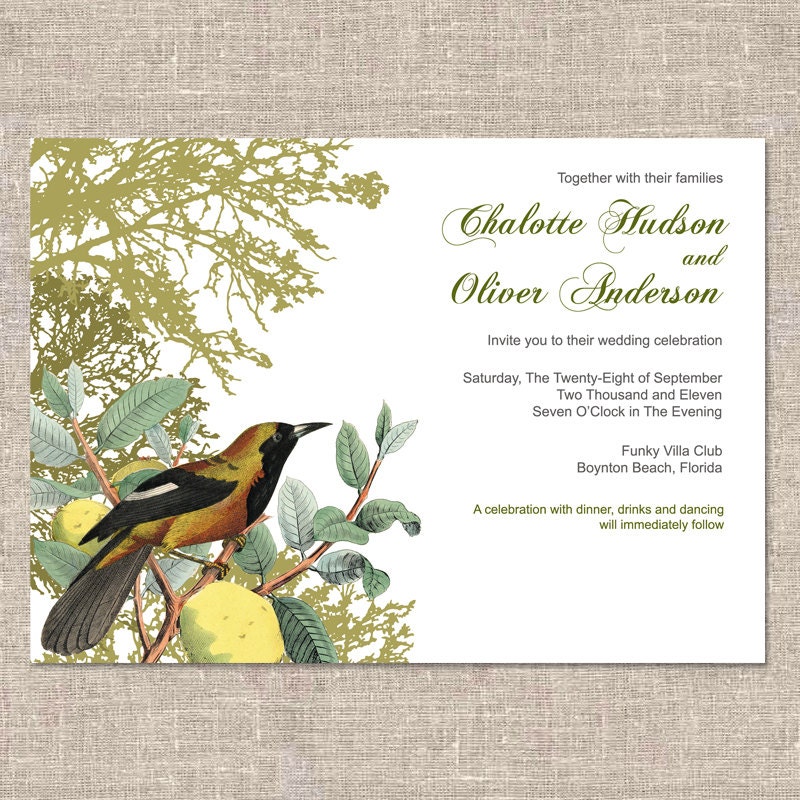 Vintage Birds and Fruit Wedding Card Set - Wedding Invitation and Reply Card