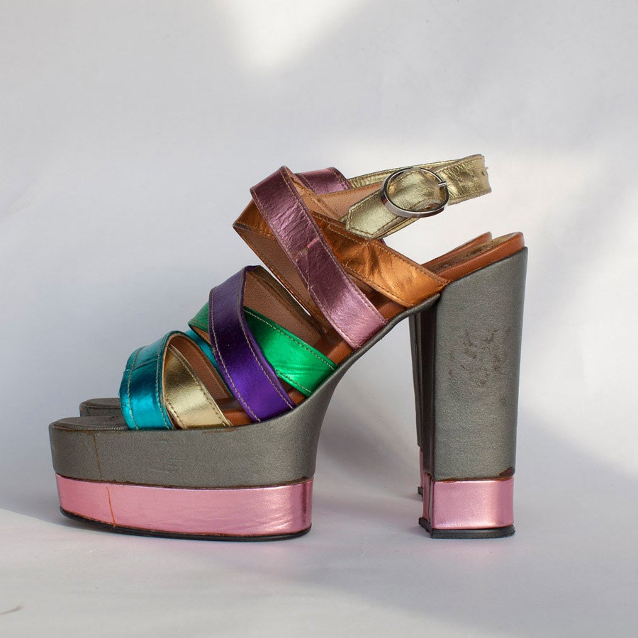 70s Women's Platform Shoes RAINBOW METALLIC 5.5" Heels size 6.5-7