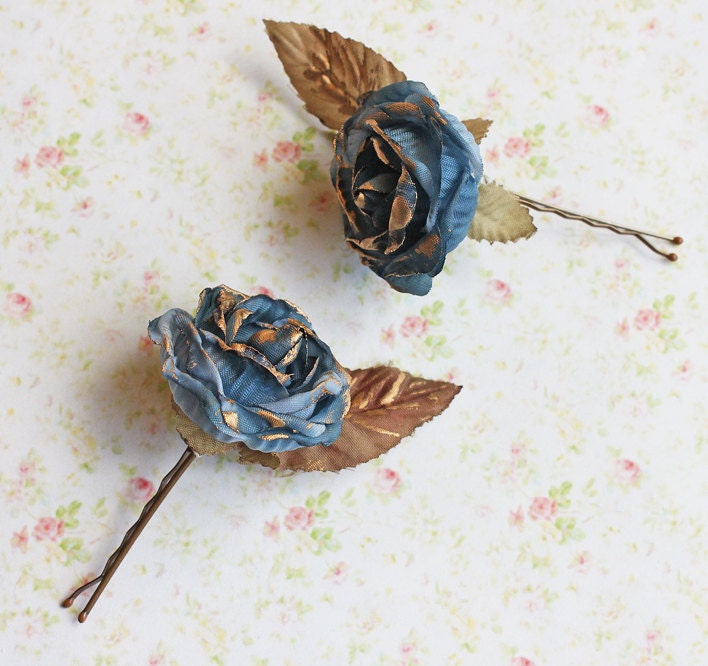 Blue and Gold Rose Flower Hair Pins. Whimsical. Weddings. Bridesmaids. Rustic Wedding. Hair Accessories. Spring, Summer, Boho Wedding.