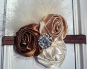 Coffee, Ivory and Nude Satin Rosette Flowers Headband with Marabou