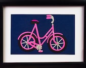 Pink Bicycle, 7 x 5. Framed, hand cut paper art.