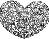 Instant Download Coloring Page Hand Drawn Zentangle Inspired Psychedelic "Heart" Abstract Zendoodle Doodle Hippie By Kat