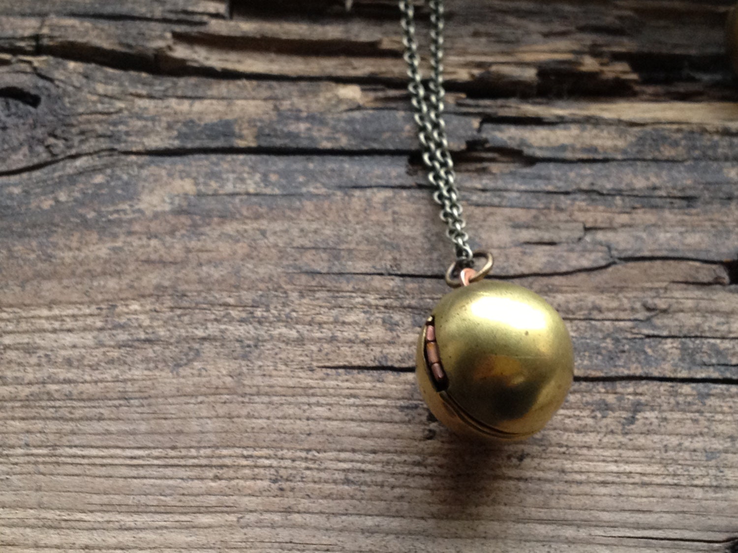 Vintage Sphere Locket Necklace, pendant with patina brass & copper Antiqued dark chain